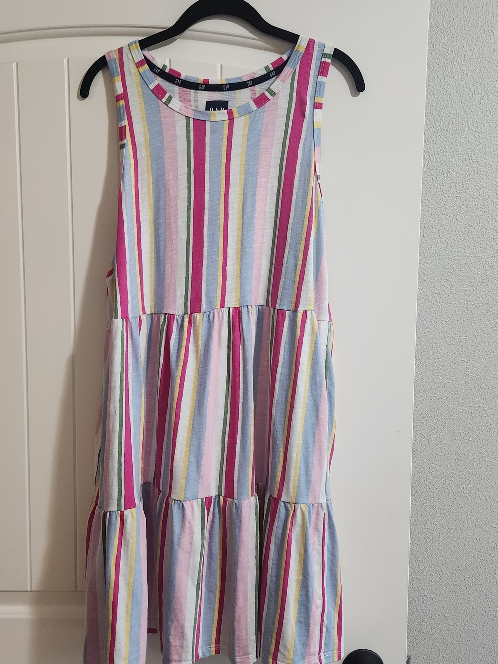 GAP Sleeveless Tiered Midi Dress in Pink, Blue, Yellow Stripes